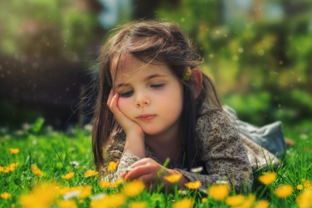 Little girl - girl, yuna, summer, child, copil, spring, yellow, john wilhelm, green, little, flower