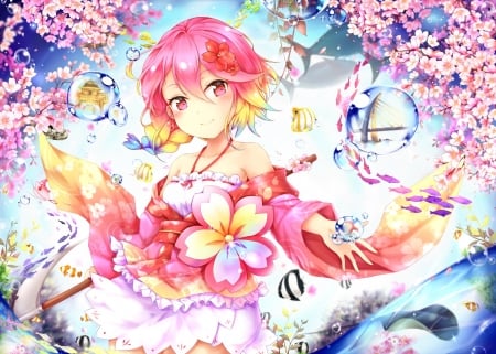 Flowers and bubbles - anime, water, summer, ikasoke likerm6au, girl, flower, pink, bubble, manga