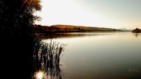 Calm at the Lake - lake, hills, serene, panorama, summer, calm, tranquil, grass, firefox persona theme