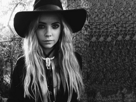 Ashley Benson - actress, 2017, hat, cowgirl, black white, ashley benson, wallpaper, benson, ashley, model, cowboy hat, beautiful