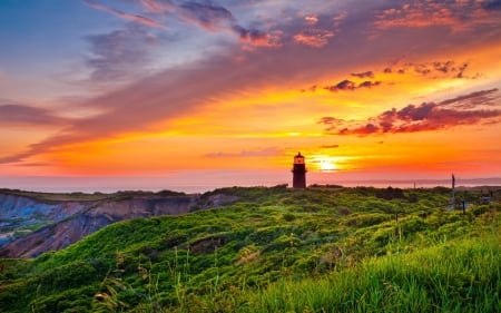  Lighthouse at Sunset - nature, sky, lighthouse, clouds, sunset, coast