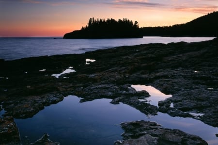 Sunset Glow on the Lake - nature, glow, lake, trees, forest, sunset, sea