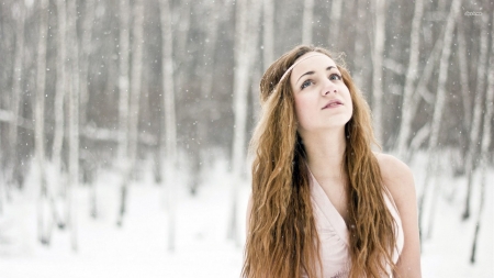 snowflakes - snow, girl, brunette, forest