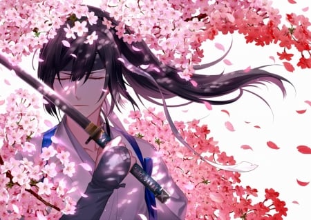 Spring wind - kazari tayu, anime, blossom, cherry, sword, spring, petals, pink, man, manga, wind, katana