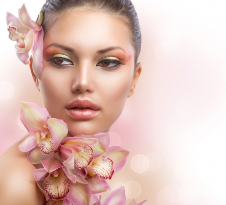 Beauty - woman, face, anna subbotina, girl, pink, orchid, model, flower