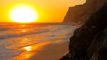 Coastal Sunset - nature, ocean, beach, reflection, mountains, sunset, coast