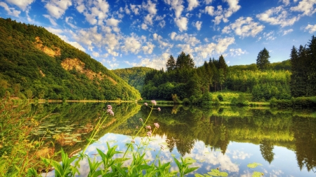 Mountains Landscape - clouds, trees, landscape, forest, reflection, nature, green, lake, mountains