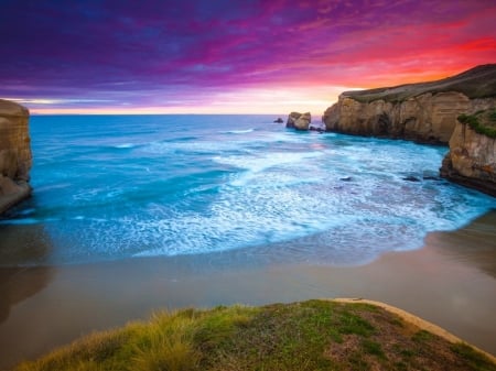 Coastal Sunset - nature, beach, landscape, clouds, sunset, sea, coast, cliffs