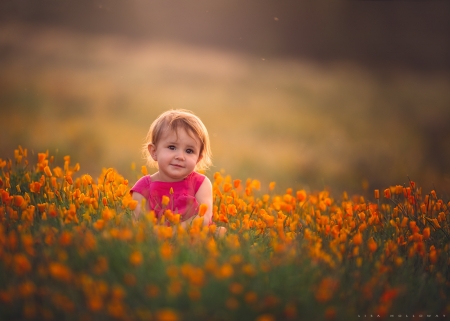 Just a little pink - girl, flower, pink, copil, orange, child, cute, field, little, lisa holloway