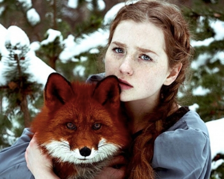 Girl with fox - vulpe, alexandra bochkareva, winter, fox, girl, animal, red, woman, model