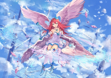 Angel - anime, blue, girl, angel, manga, fantasy, fuuro johnsonwade, white, redhead, wings, cloud