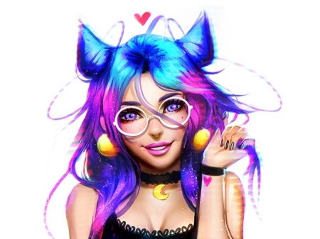 Ahri - league of legends, fox, lol, pink, ahri, frumusete, fantasy, white, glasses, ayyasap, nine tails, face, luminos