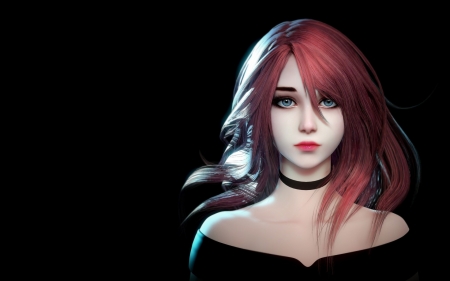 Fantasy beauty - face, fantasy, black, game, luminos, girl, frumusete, redhead