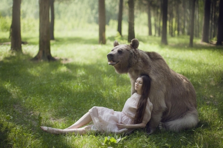 Fairytale - woman, girl, forest, beast, bear, animal, green, model