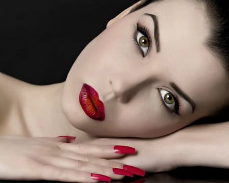 Beauty - girl, eyes, hand, red, nails, woman, model, face, lipstick