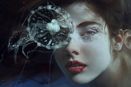 Mermaid - summer, girl, creative, lips, jellyfish, mermaid, underwater, red, woman, model, marta bevacqua, face