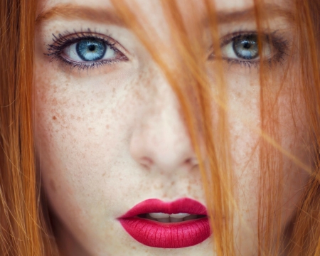 Beauty - woman, asmya, beauty, redhead, lips, eyes, blue eyes, freckles, model, face, red