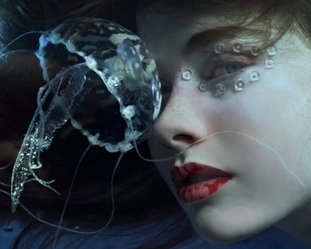 Mermaid - face, summer, red, model, jellyfish, marta bevacqua, girl, creative, mermaid, lips, woman, underwater