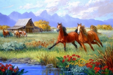 Breathtaking Exuberance - fields, attractions in dreams, animals, summer, mountains, nature, horses, love four seasons, paintings, flowers, pond, farms