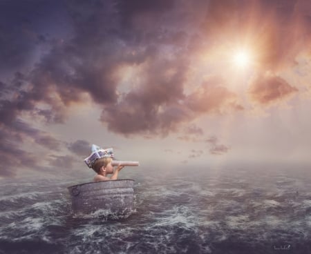 Into the mystic - cloud, paper, summer, water, tata lesher, boat, creative, sky, sea, boy