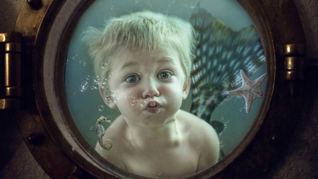 Mermaid boy - mermaid boy, blond, summer, child, copil, creative, fantasy, underwater, starfish, seahorse, window, blue, hublou, tara lesher, cute