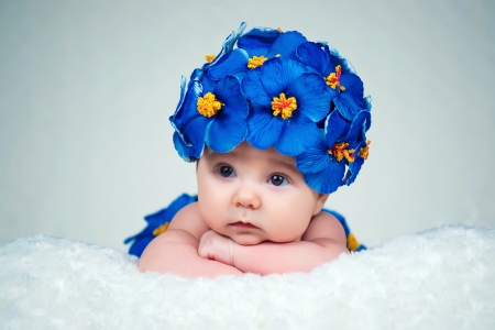 Baby girl - hat, summer, blue, girl, flower, copil, baby, child, white, cute