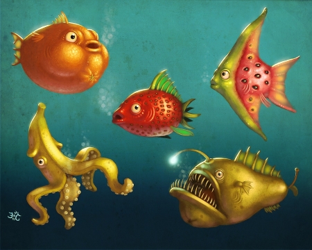 Fruity fish - strawberry, banana, fantasy, underwater, raspberry, art, yellow, luminos, orange, green, pear, summer, creative, fruit, red, fish, sea