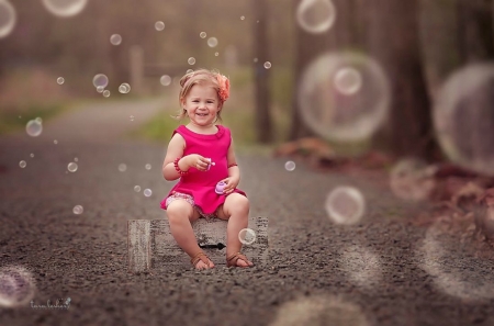 Bubbles - girl, summer, child, copil, bubbles, childhood, pink, tara lesher, cute, little