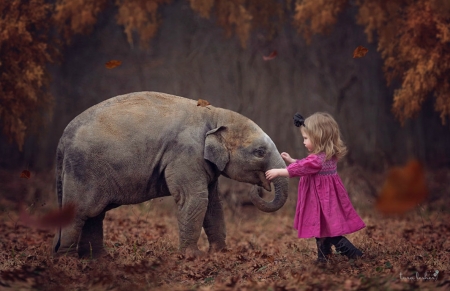 Little friends - cub, girl, child, copil, elephant, baby, childhood, pink, animal, creativ, tara lesher, cute, friend, dress, little