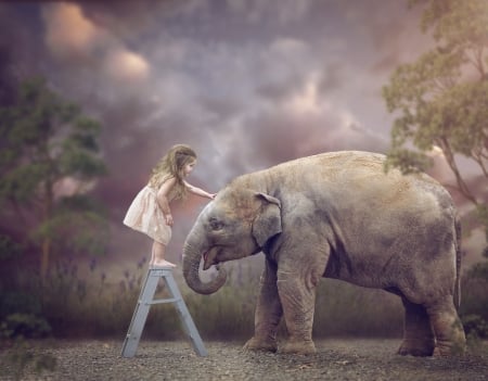 Little girl with big friend - girl, child, copil, creative, elephant, big, animal, tara lesher, cute, friend