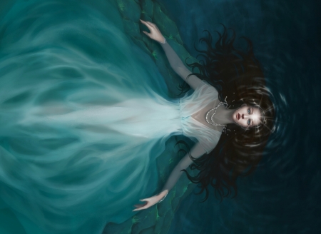 Flow - girl, water, summer, julia orwell, fantasy, white, art, blue, luminos, sea, dress