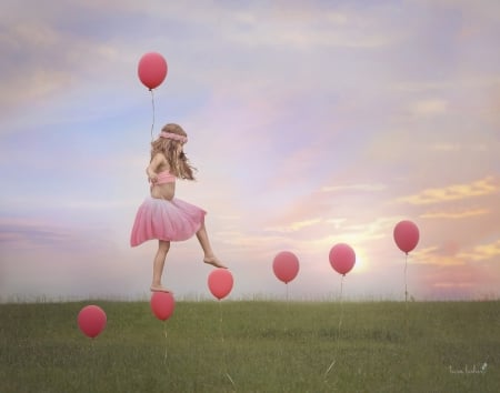 Follow your happiness - girl, child, creative, balloon, pink, mood, green, tara lesher, happy