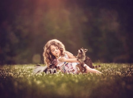 Friends - summer, child, copil, animal, cute, skink, childhood, girl, squirrel, tara lesher, raccoon