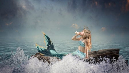 Make waves! - girl, water, summer, copil, child, fantasy, creative, white, blue, mermaid, sea, tara lesher