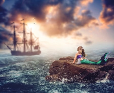 Mermaid - water, summer, blue, ship, sea, creative, copil, tail, child, fantasy, mermaid, green, cloud, tara lesher, sky