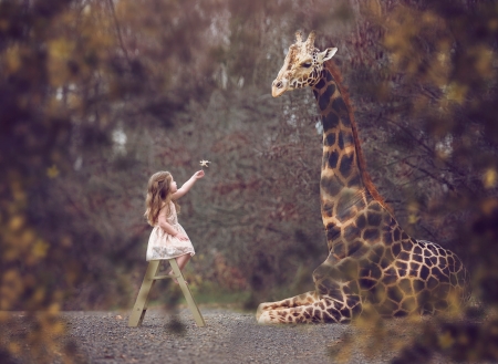 Little girl with big friend - girl, friend, creative, copil, child, big, animal, giraffe, cute, tara lesher