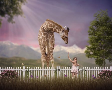 Snack time! - funny, copil, animal, cute, childhood, girl, creative, little, fence, tara lesher, giraffe