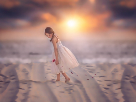 One step at a time - summer, beach, dress, girl, petals, copil, sand, child, white, sunset, tara lesher