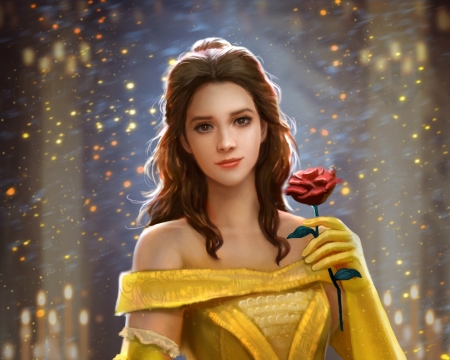 Belle - yellow, girl, flower, andy liong, fantasy, beauty and the beast, belle, red, fanart, rose, disney, art, luminos