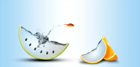 Summer fantasy - summer, blue, creative, orange, water fruit, fantasy, watermelon, golden, fish, luminos