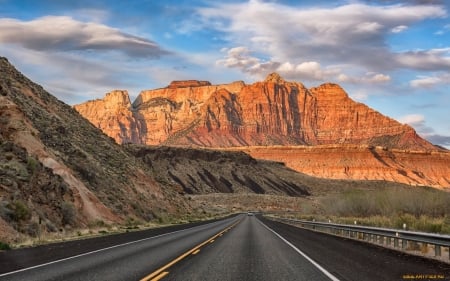 Road in Mountains - sky, rock, mountains, road, clouds