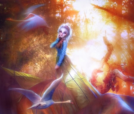 Elsa goes camping - bird, thegirlcansmile, blue, forest, orange, snow queen, fantasy, autumn, fanart, wings, pasare, princess, elsa, disney, luminos