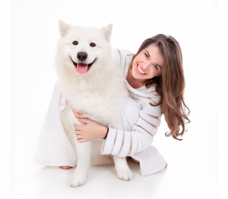 Girl with Husky - smile, white, animal, woman, model, girl, dog, caine