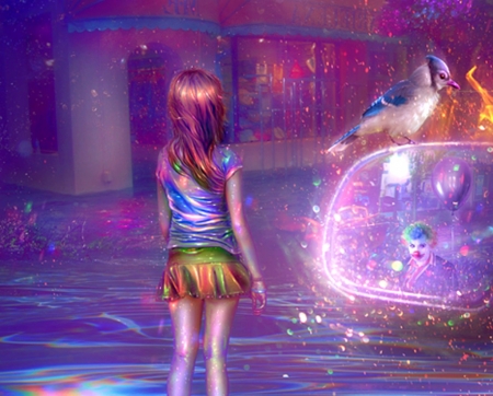 Little girl - bird, thegirlcansmile, girl, pink, fantasy, clown, purple, mirror, little, jay, luminos