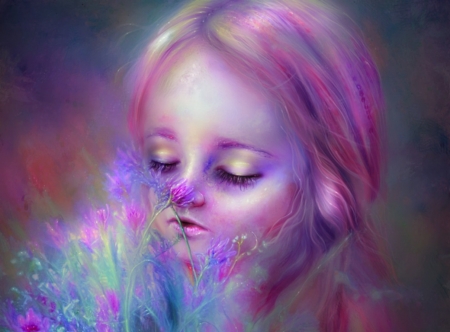 Sensing summer again - girl, thegirlcansmile, summer, bouquet, fantasy, face, art, purple, pink, luminos, flower, little