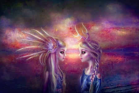 Warriors - couple, girl, thegirlcansmile, fantasy, horns, purple, blue, luminos, pink, warriors