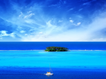 Paradise Island in the Ocean - nature, yacht, ocean, tropics, clouds, blue, island, palm