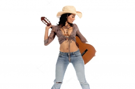 Live To Play. . - women, fun, female, hats, fashion, models, brunettes, western, girls, guitar, cowgirl, style, country music