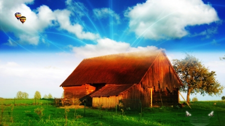 Old Barn - fields, sky, balloons, clouds, countryside, tree