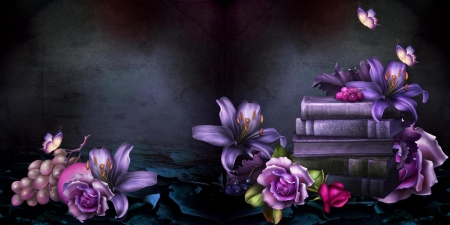 STILL LIFE IN PURPLE - books, purple, buterflies, flowers